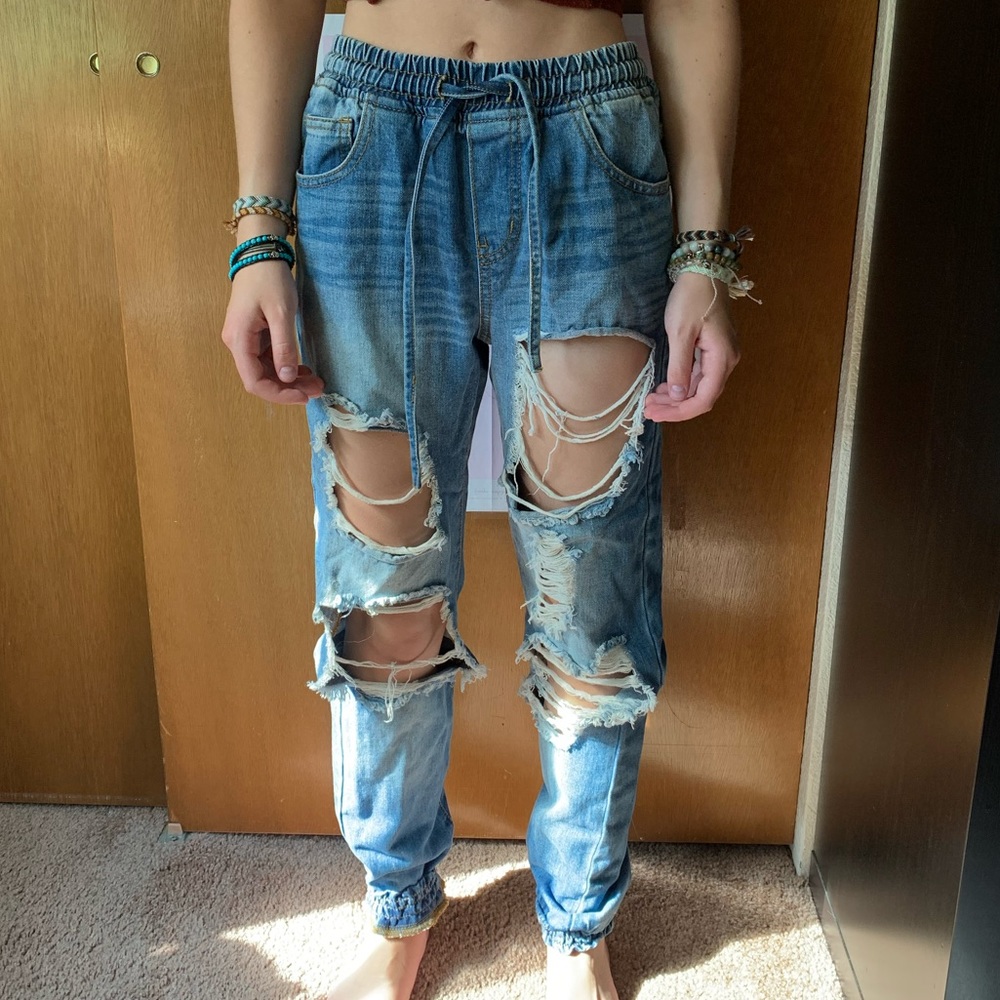 Distressed Highwaisted Denim Joggers/Pants